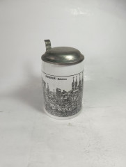 Немецкая пивная кружка винтажная Alten Kunststadt Germany &quot;Бабенберг&quot;, с крышкой, кракелюр, фарфор / олово, 0.5 л, 15.5 см, Германия, 1960-70гг.