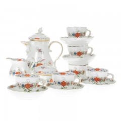 Meissen Meissen  'Neuer Ausschnitt - Indische Blumenmalerei zweiteilig bunt Kupferfarben mit Goldrand' Espressoservice 6 Personen 15-tlg. Мейсен &quot;Новый вырез - индийская цветочная роспись из двух частей красочные цвета меди с золотым ободком&quot; эспрессо сер