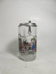 Немецкая пивная кружка винтажная BMF Germany с изображением деревенского сюжета, с крышкой, стекло/ олово, 0.5 л, 19 см, Германия, 1960-70гг.