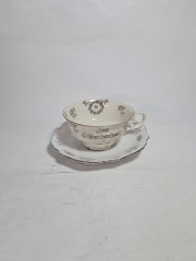 Чайное трио винтажное GKC Bavaria / 38 er &quot;На серебряную свадьбу&quot; с серебристым декором и надписью, фарфор, Германия, 1960-70гг.